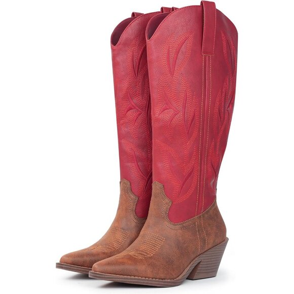 ⚡Women's Red Knee High Cowboy Boots Snip Toe and Block Heel Faux Leather